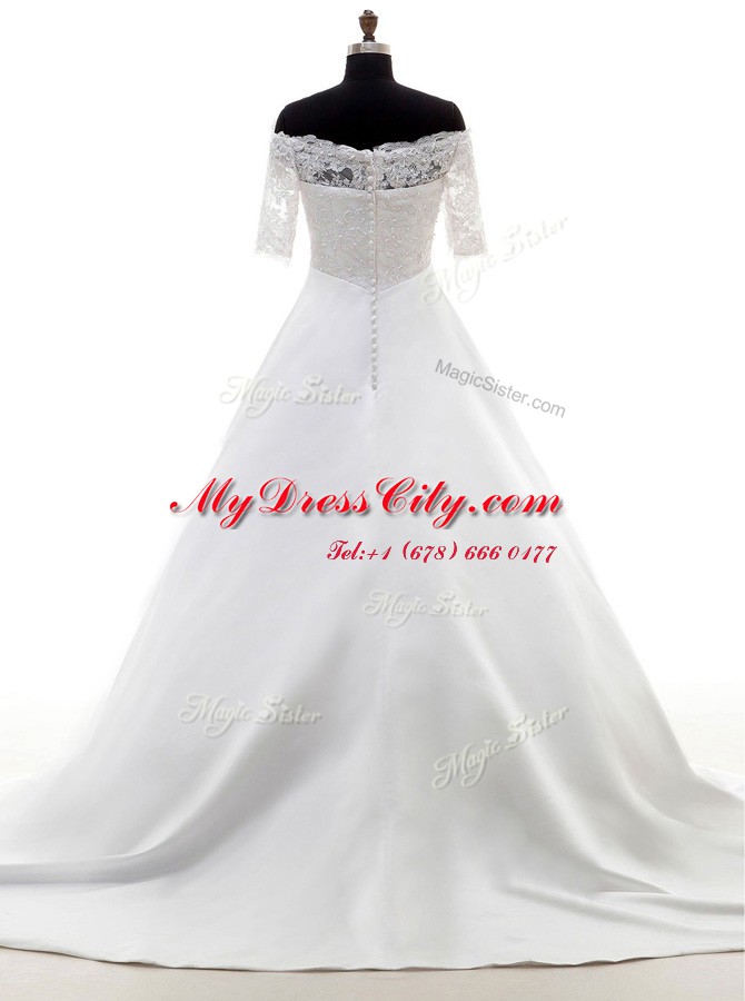 Off the Shoulder Half Sleeves With Train Lace Clasp Handle Bridal Gown with White Brush Train