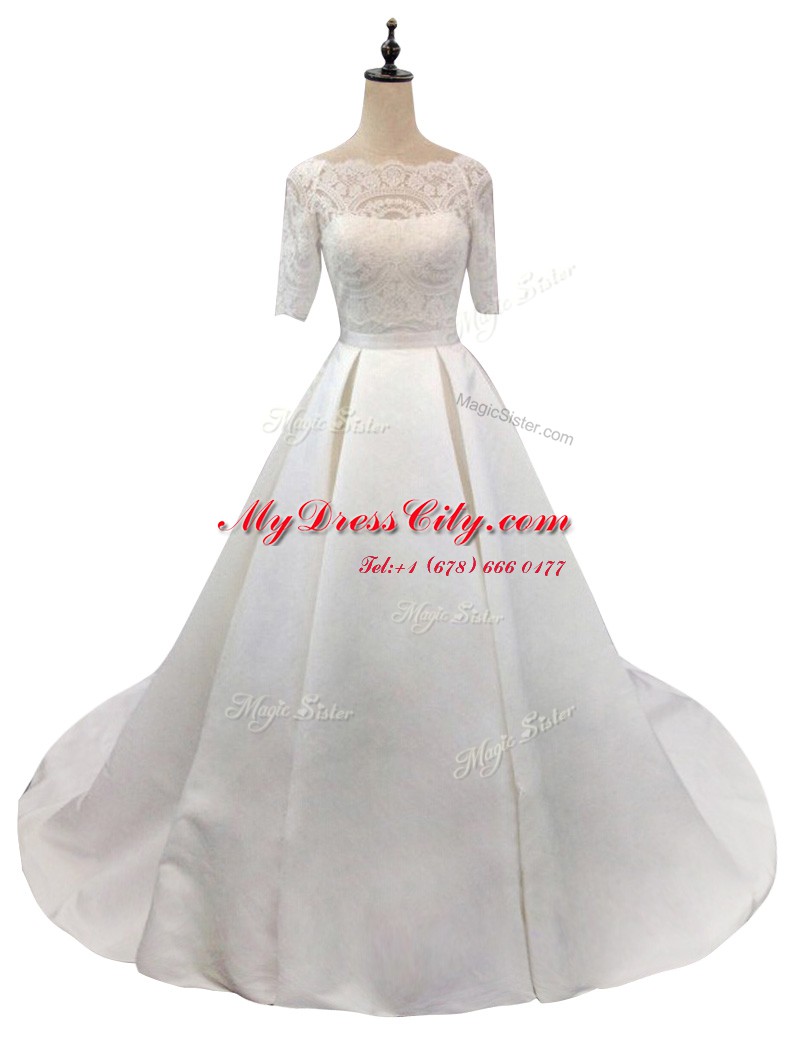 Custom Design White Zipper Wedding Dress Lace Half Sleeves With Train Chapel Train