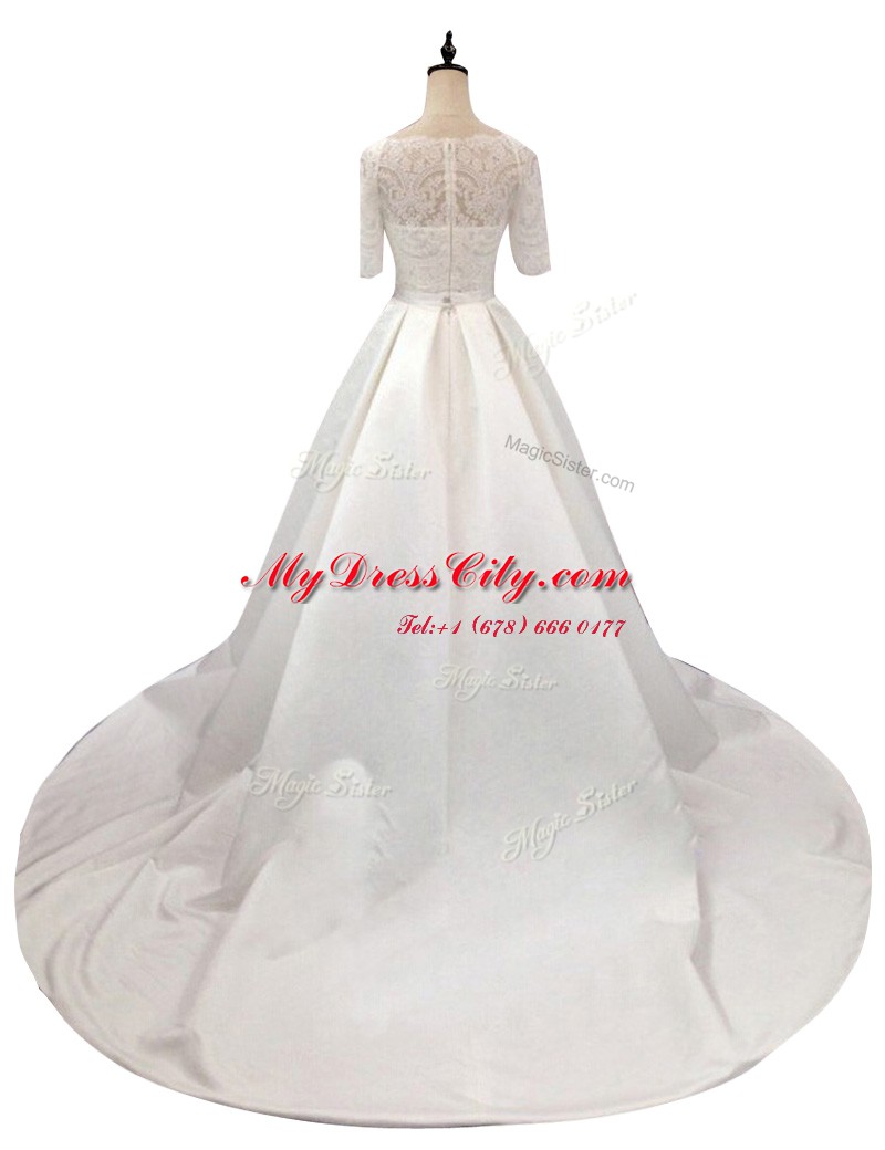 Custom Design White Zipper Wedding Dress Lace Half Sleeves With Train Chapel Train