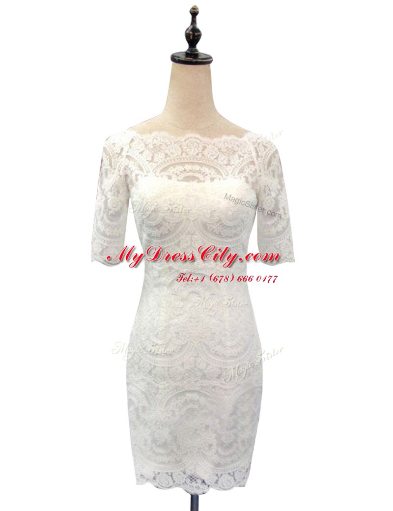 Custom Design White Zipper Wedding Dress Lace Half Sleeves With Train Chapel Train