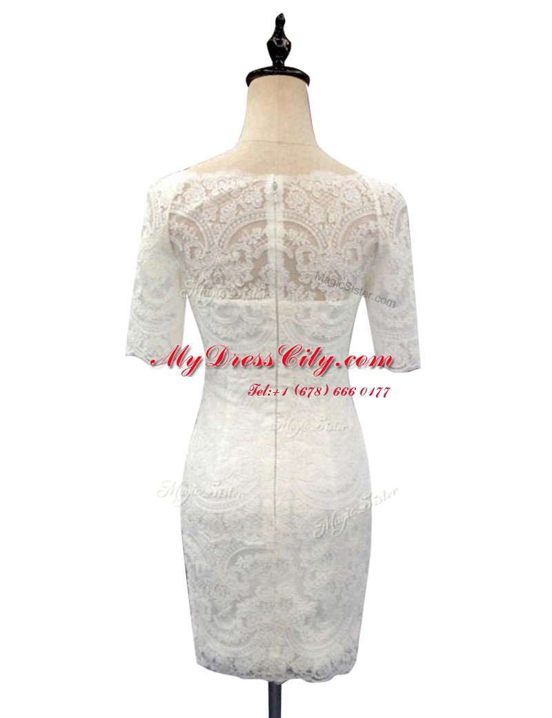 Custom Design White Zipper Wedding Dress Lace Half Sleeves With Train Chapel Train