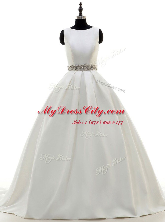 Sumptuous White Bridal Gown Wedding Party and For with Beading Scoop Sleeveless Sweep Train Zipper