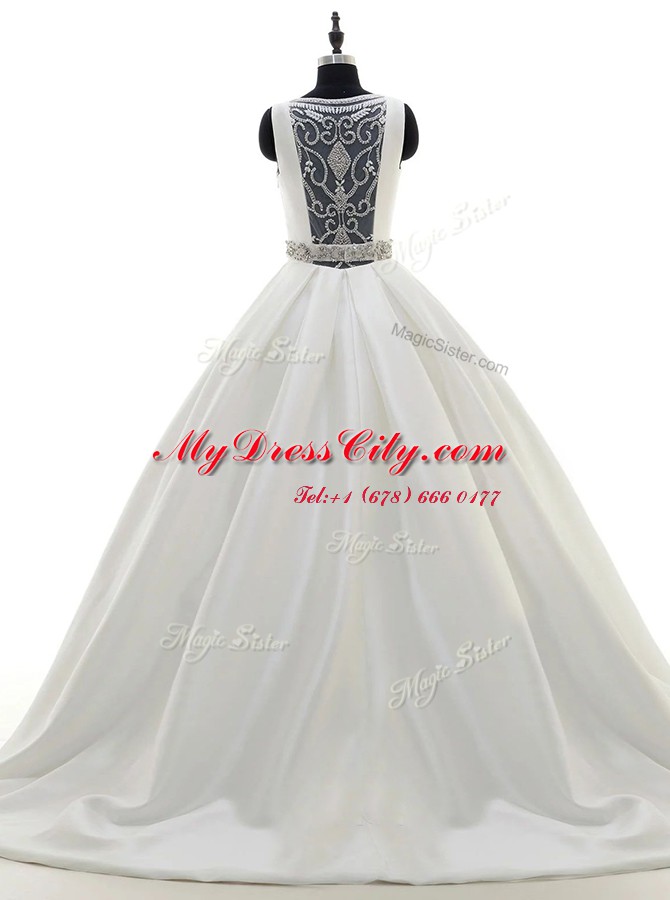 Sumptuous White Bridal Gown Wedding Party and For with Beading Scoop Sleeveless Sweep Train Zipper