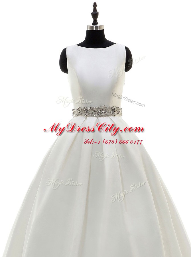 Sumptuous White Bridal Gown Wedding Party and For with Beading Scoop Sleeveless Sweep Train Zipper