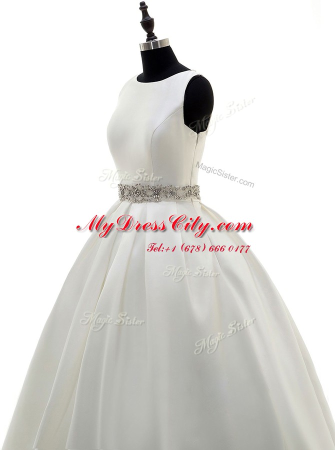 Sumptuous White Bridal Gown Wedding Party and For with Beading Scoop Sleeveless Sweep Train Zipper