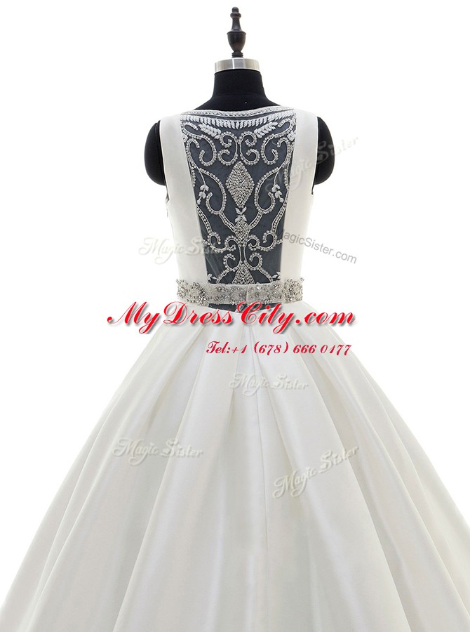 Sumptuous White Bridal Gown Wedding Party and For with Beading Scoop Sleeveless Sweep Train Zipper