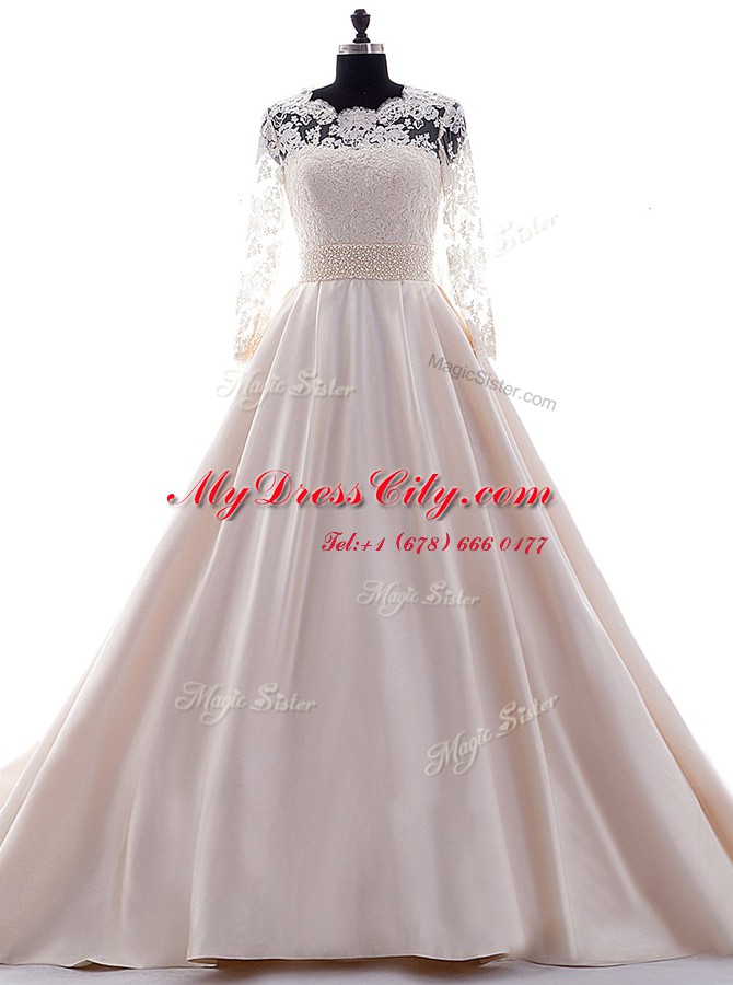 Pink Scalloped Neckline Beading and Lace Wedding Dresses 3 4 Length Sleeve Clasp Handle