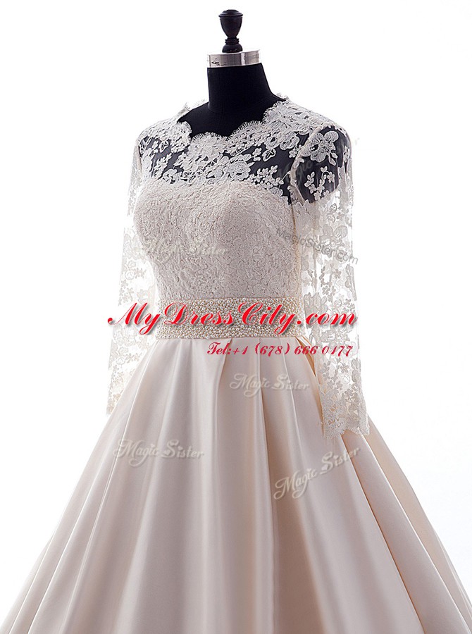 Pink Scalloped Neckline Beading and Lace Wedding Dresses 3 4 Length Sleeve Clasp Handle