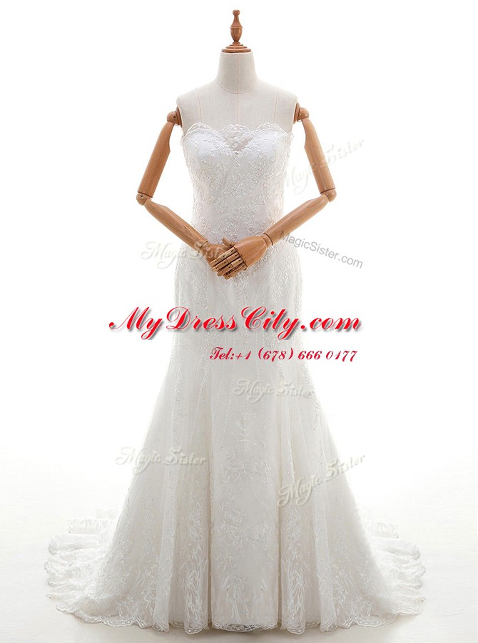 Attractive Mermaid Scalloped Sleeveless Lace Bridal Gown Lace Brush Train Lace Up