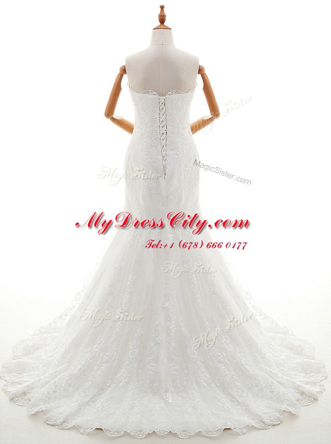 Attractive Mermaid Scalloped Sleeveless Lace Bridal Gown Lace Brush Train Lace Up