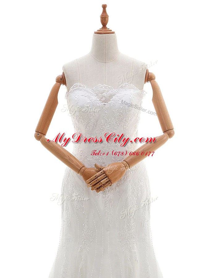 Attractive Mermaid Scalloped Sleeveless Lace Bridal Gown Lace Brush Train Lace Up