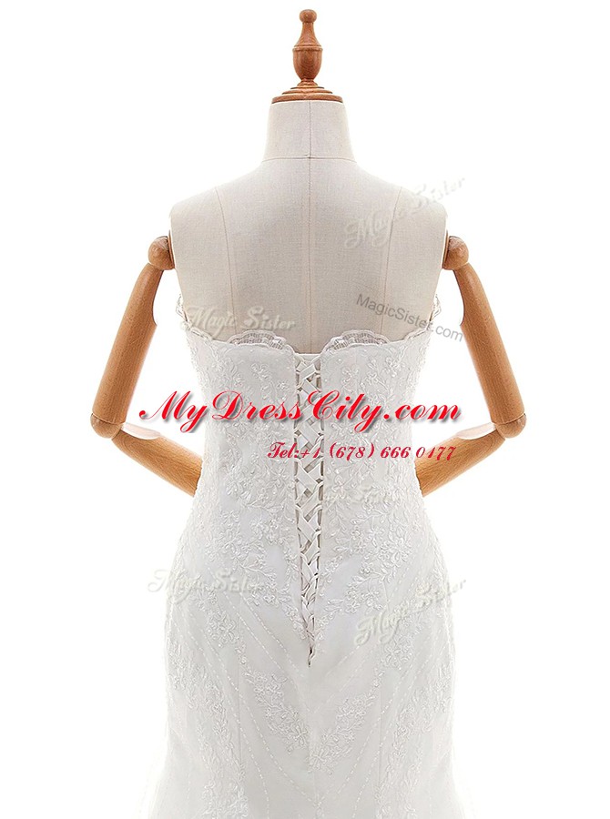 Attractive Mermaid Scalloped Sleeveless Lace Bridal Gown Lace Brush Train Lace Up