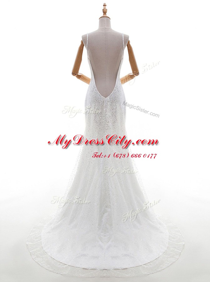 Sophisticated Mermaid White Sleeveless With Train Sequins Backless Wedding Gowns