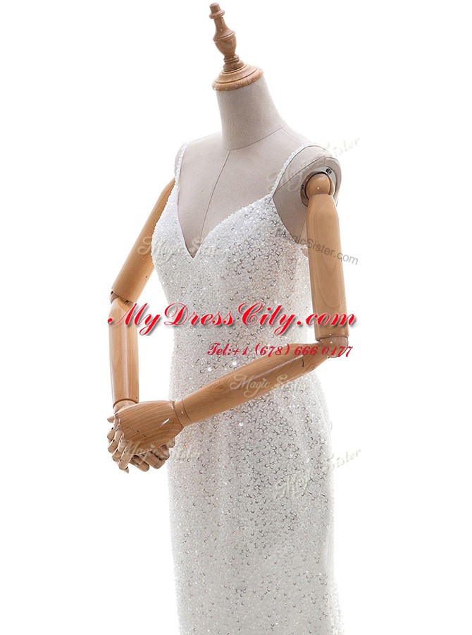 Sophisticated Mermaid White Sleeveless With Train Sequins Backless Wedding Gowns