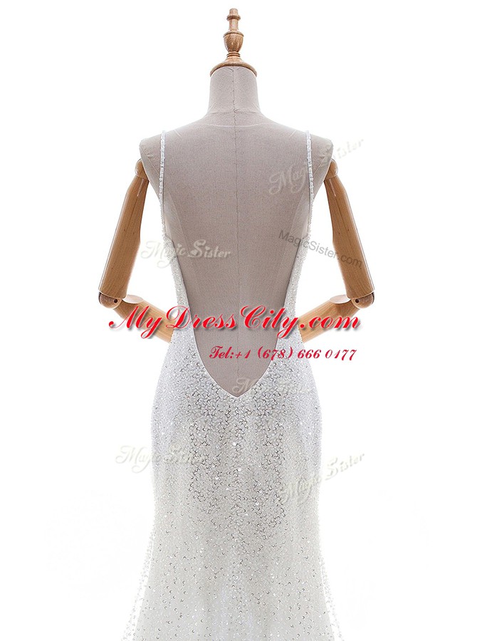 Sophisticated Mermaid White Sleeveless With Train Sequins Backless Wedding Gowns