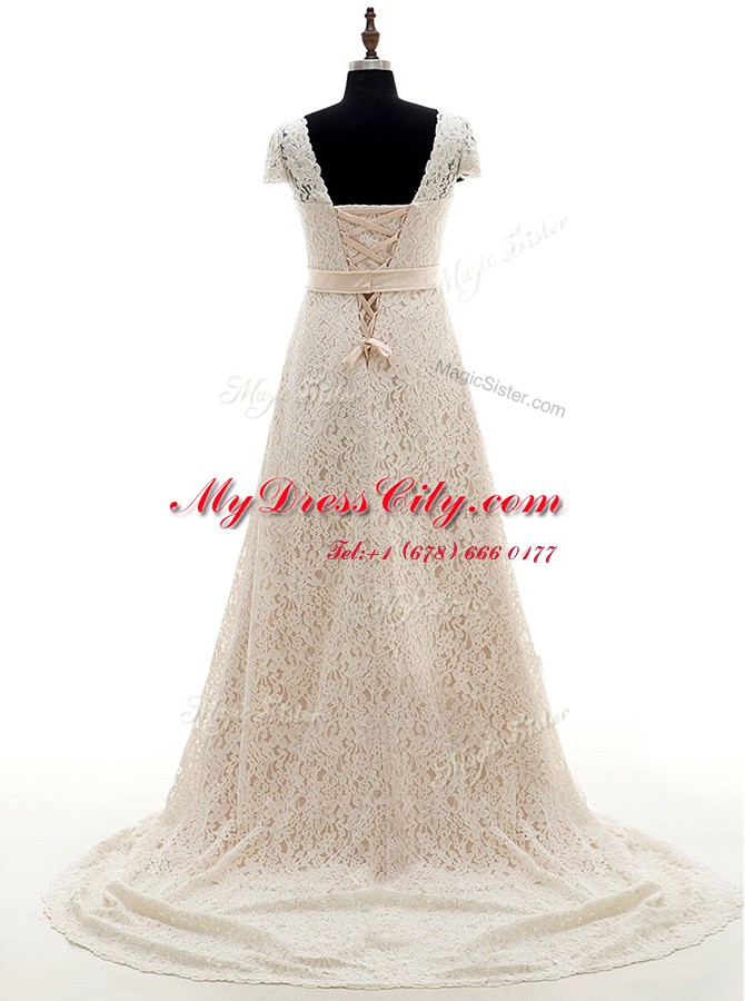 Champagne Lace Lace Up Bridal Gown Short Sleeves With Brush Train Lace and Belt