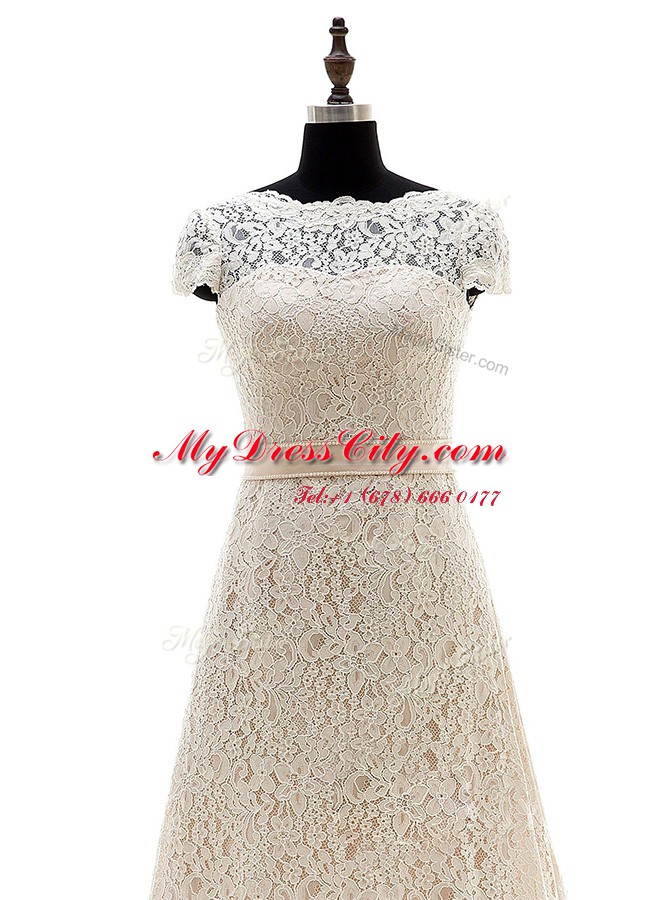 Champagne Lace Lace Up Bridal Gown Short Sleeves With Brush Train Lace and Belt