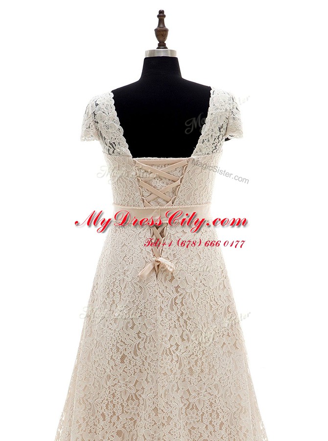 Champagne Lace Lace Up Bridal Gown Short Sleeves With Brush Train Lace and Belt