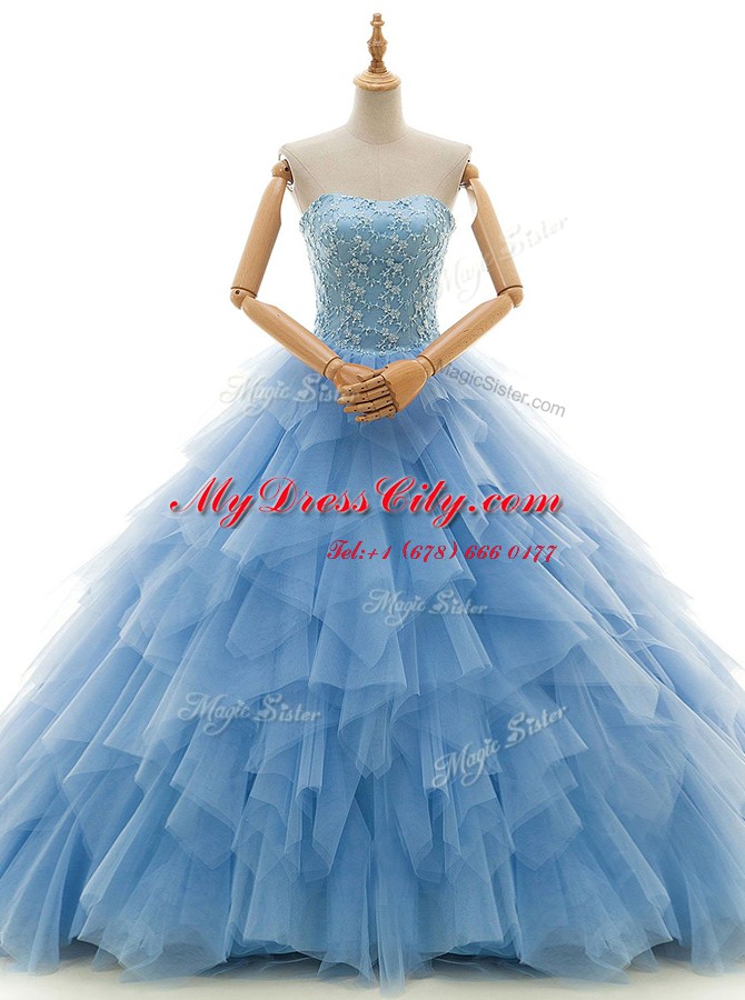 Dramatic Strapless Sleeveless Court Train Lace Up Wedding Dresses Baby Blue Tulle