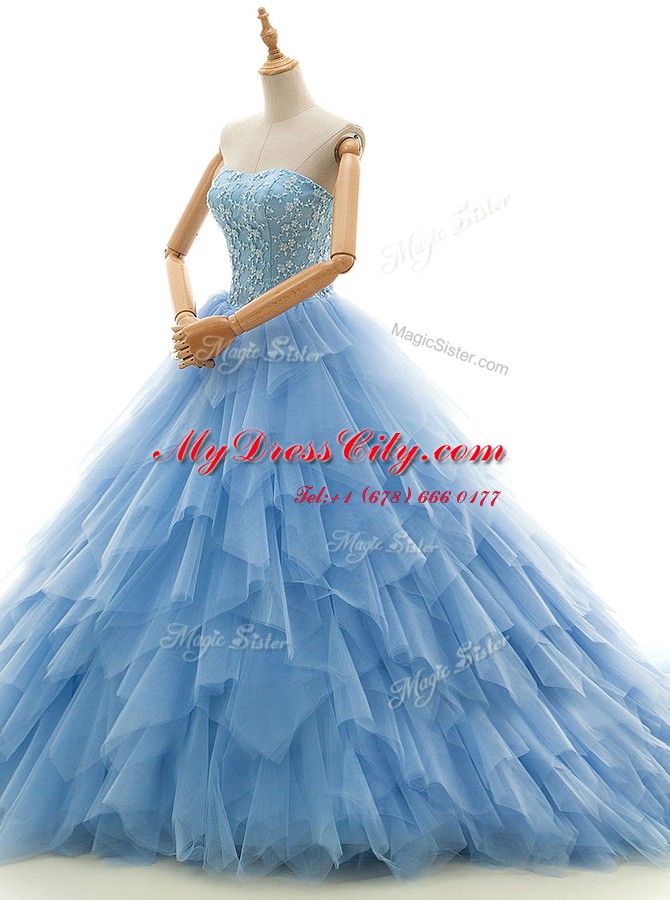 Dramatic Strapless Sleeveless Court Train Lace Up Wedding Dresses Baby Blue Tulle