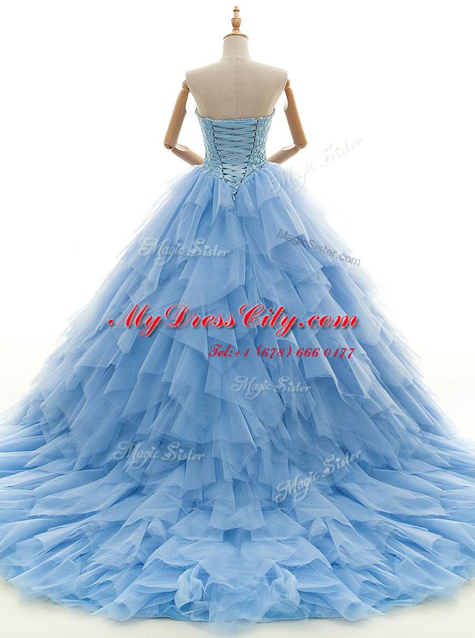 Dramatic Strapless Sleeveless Court Train Lace Up Wedding Dresses Baby Blue Tulle