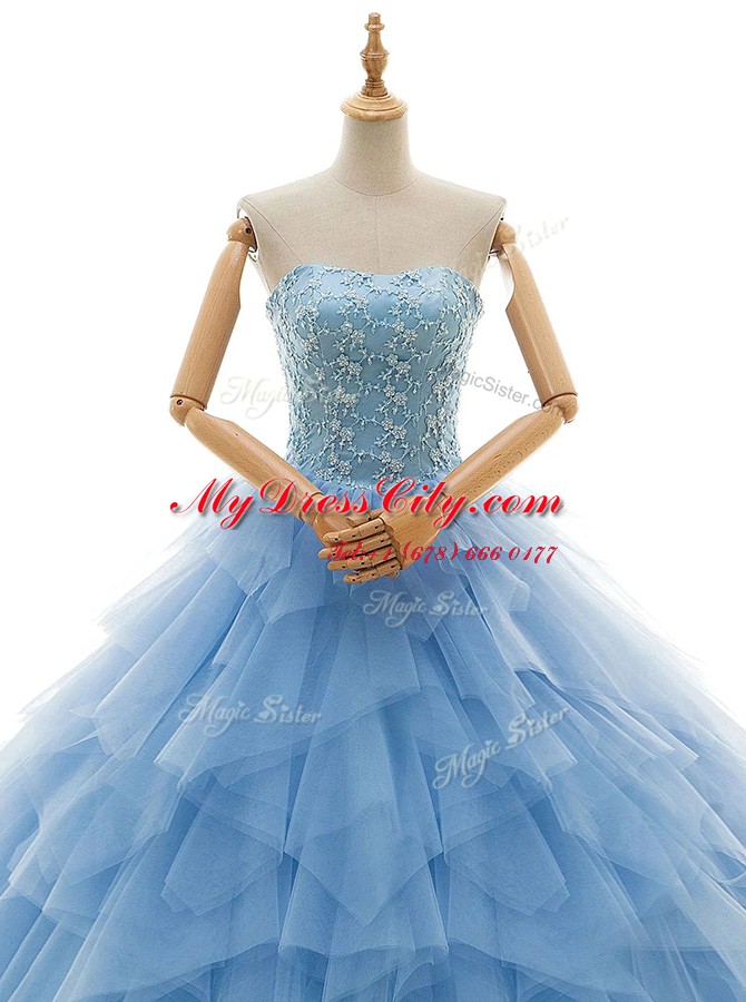 Dramatic Strapless Sleeveless Court Train Lace Up Wedding Dresses Baby Blue Tulle