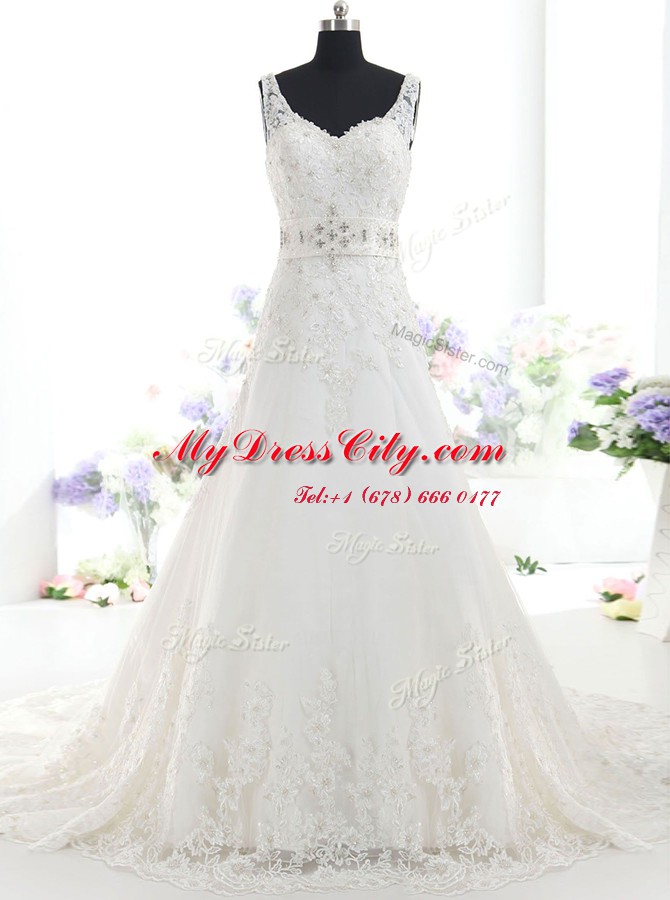 White Sleeveless Brush Train Beading and Lace With Train Wedding Dresses