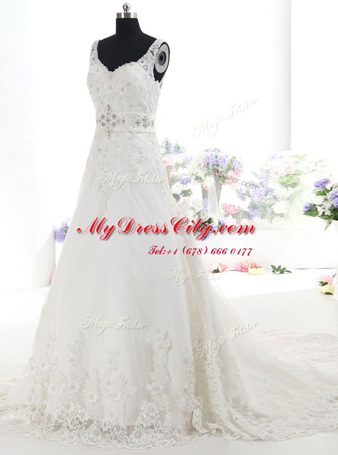 White Sleeveless Brush Train Beading and Lace With Train Wedding Dresses