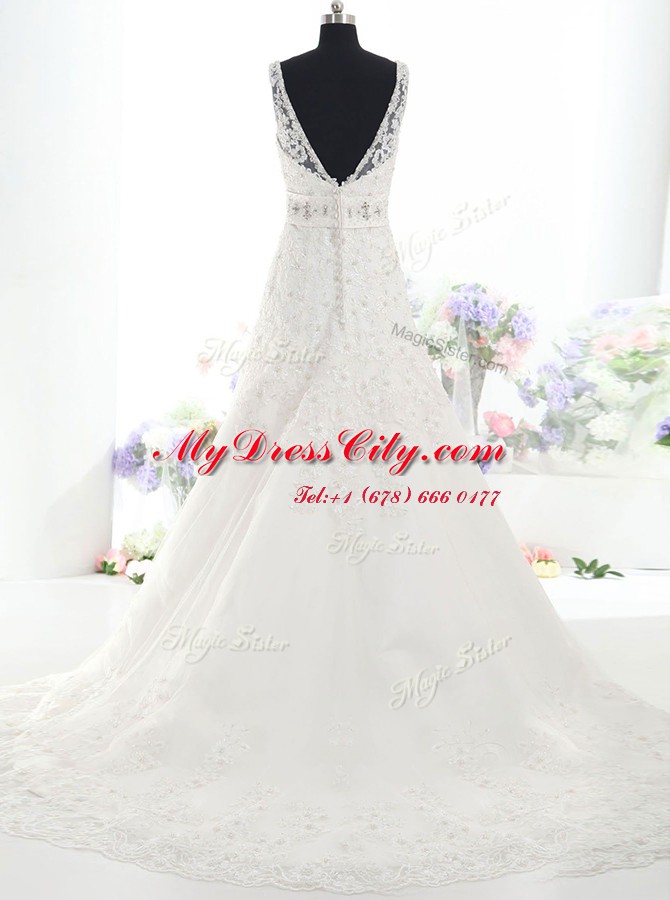 White Sleeveless Brush Train Beading and Lace With Train Wedding Dresses