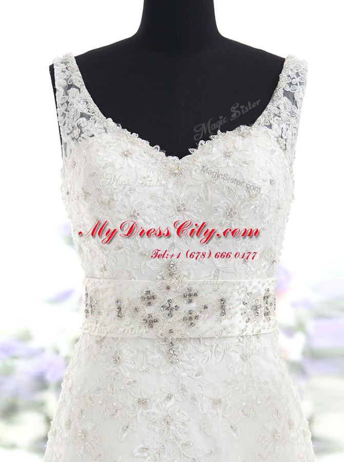 White Sleeveless Brush Train Beading and Lace With Train Wedding Dresses