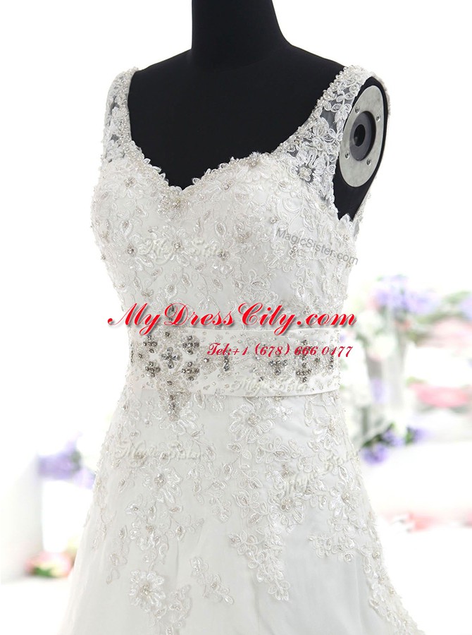 White Sleeveless Brush Train Beading and Lace With Train Wedding Dresses