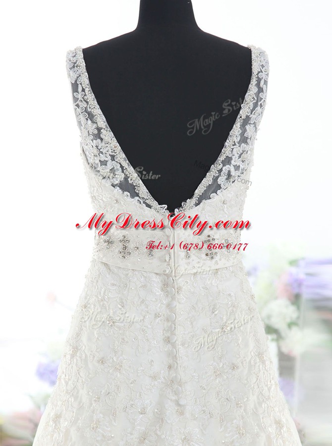 White Sleeveless Brush Train Beading and Lace With Train Wedding Dresses