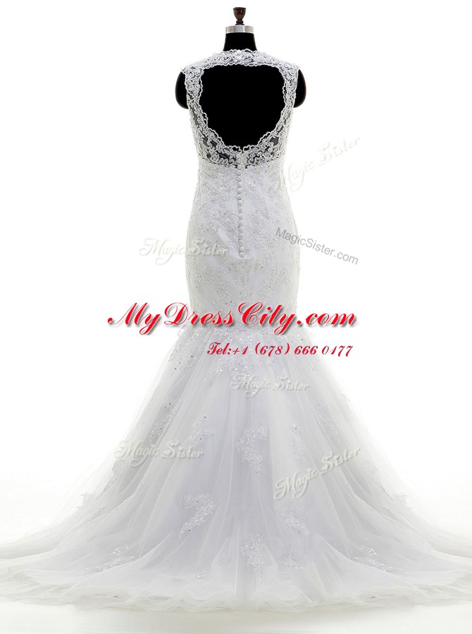 Mermaid Beading and Lace and Appliques Wedding Dresses White Clasp Handle Sleeveless With Brush Train