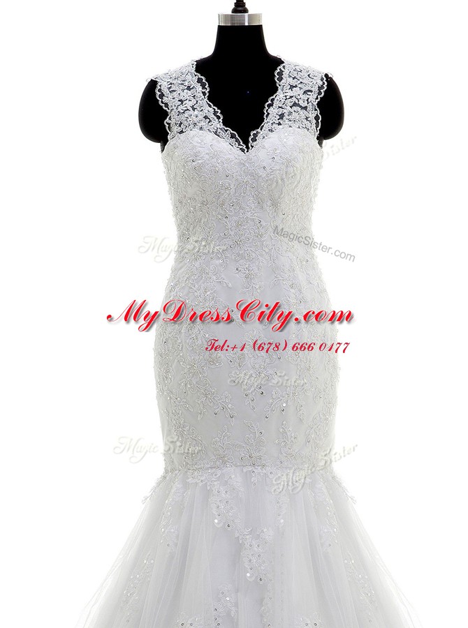 Mermaid Beading and Lace and Appliques Wedding Dresses White Clasp Handle Sleeveless With Brush Train