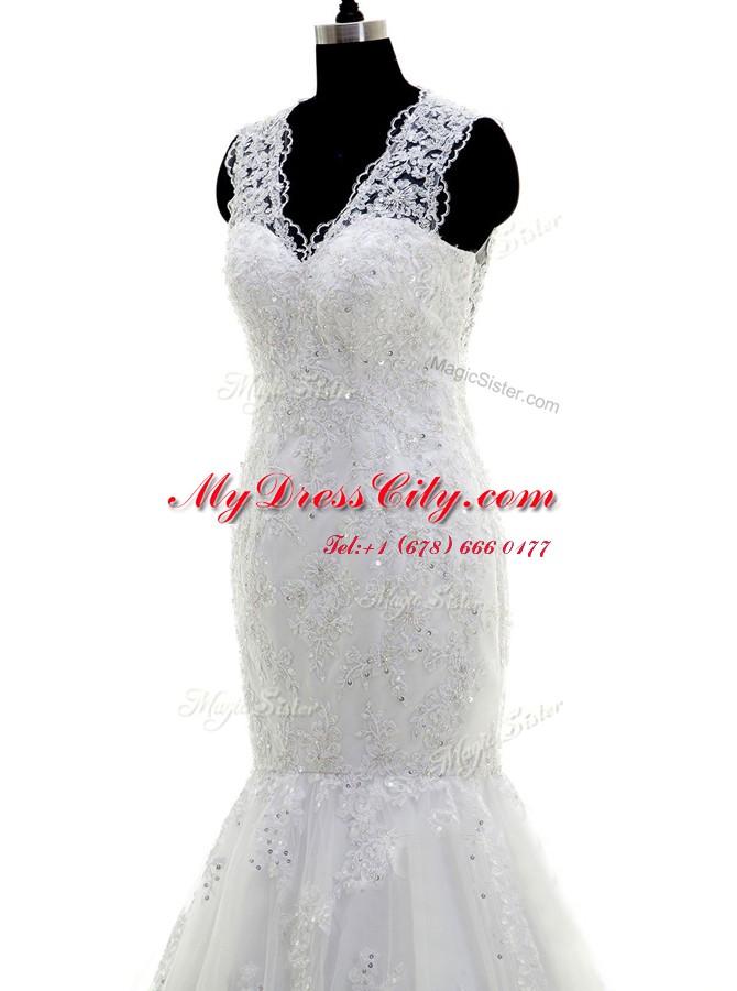 Mermaid Beading and Lace and Appliques Wedding Dresses White Clasp Handle Sleeveless With Brush Train