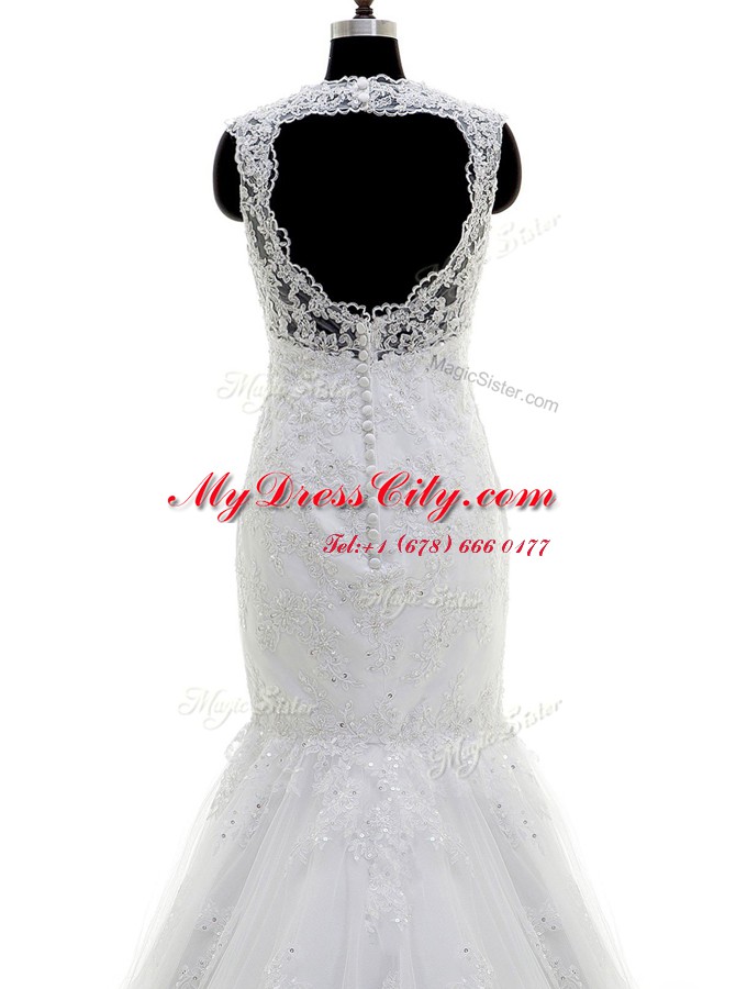 Mermaid Beading and Lace and Appliques Wedding Dresses White Clasp Handle Sleeveless With Brush Train