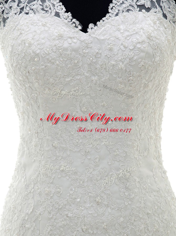 Perfect Mermaid White Sleeveless Lace Brush Train Lace Up Wedding Dresses for Wedding Party