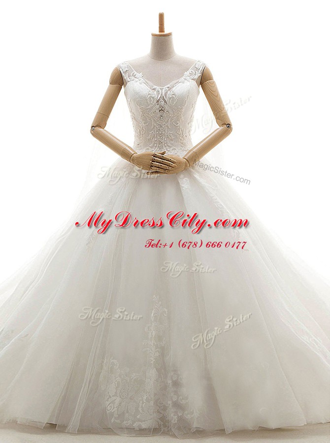 Enchanting White A-line Lace Bridal Gown Lace Up Tulle Sleeveless With Train