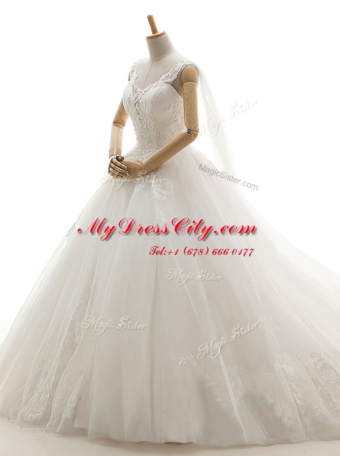 Enchanting White A-line Lace Bridal Gown Lace Up Tulle Sleeveless With Train