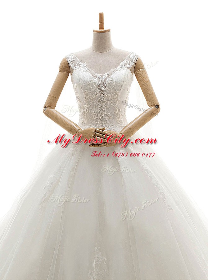 Enchanting White A-line Lace Bridal Gown Lace Up Tulle Sleeveless With Train