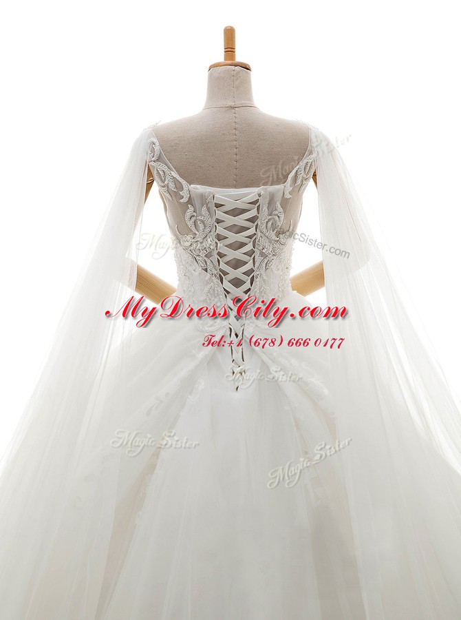 Enchanting White A-line Lace Bridal Gown Lace Up Tulle Sleeveless With Train