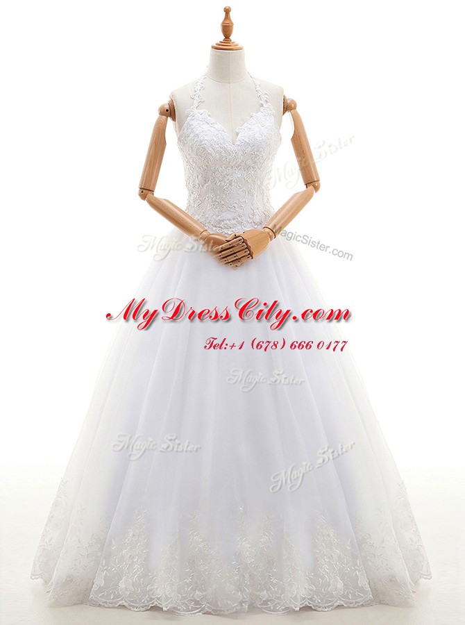 Suitable Halter Top Lace and Appliques Wedding Gown White Lace Up Sleeveless Floor Length