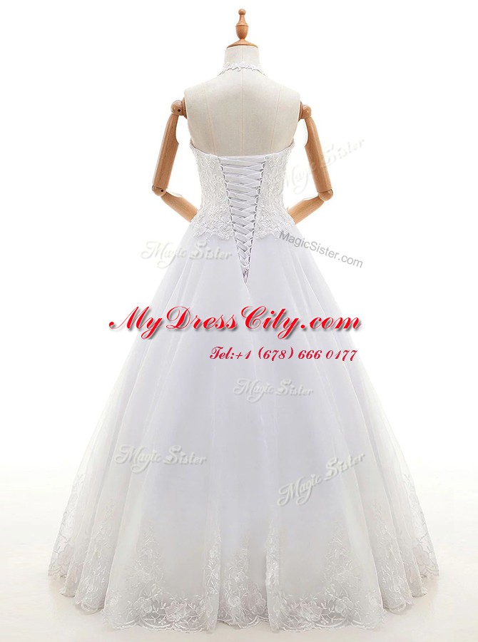 Suitable Halter Top Lace and Appliques Wedding Gown White Lace Up Sleeveless Floor Length