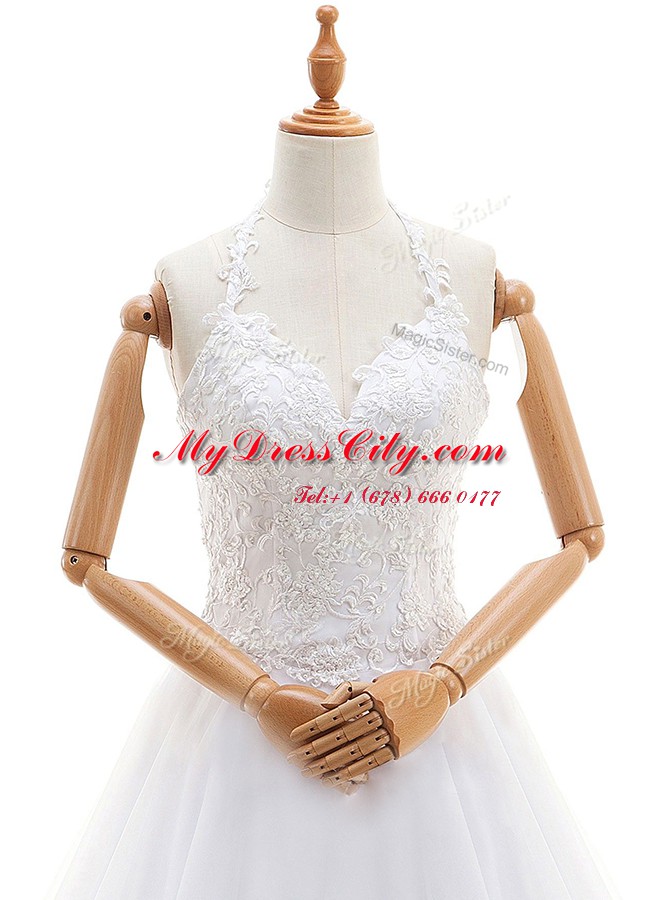 Suitable Halter Top Lace and Appliques Wedding Gown White Lace Up Sleeveless Floor Length