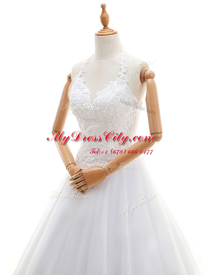 Suitable Halter Top Lace and Appliques Wedding Gown White Lace Up Sleeveless Floor Length