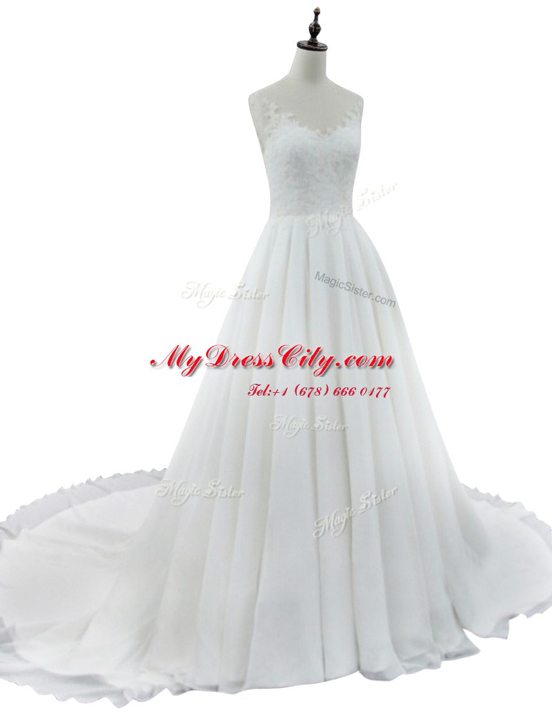 Ideal White Zipper Wedding Gown Lace Sleeveless With Train Court Train