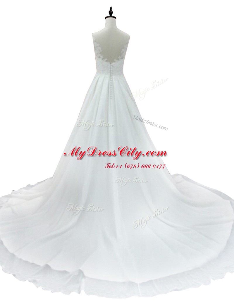 Ideal White Zipper Wedding Gown Lace Sleeveless With Train Court Train