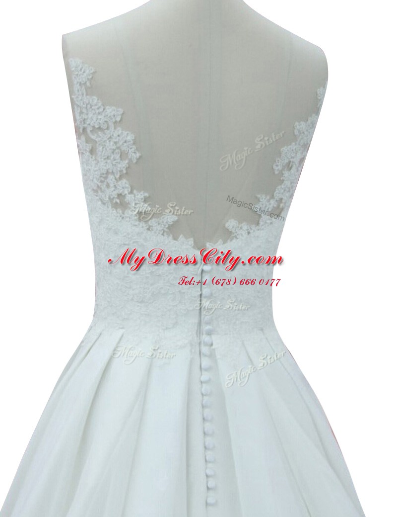 Ideal White Zipper Wedding Gown Lace Sleeveless With Train Court Train