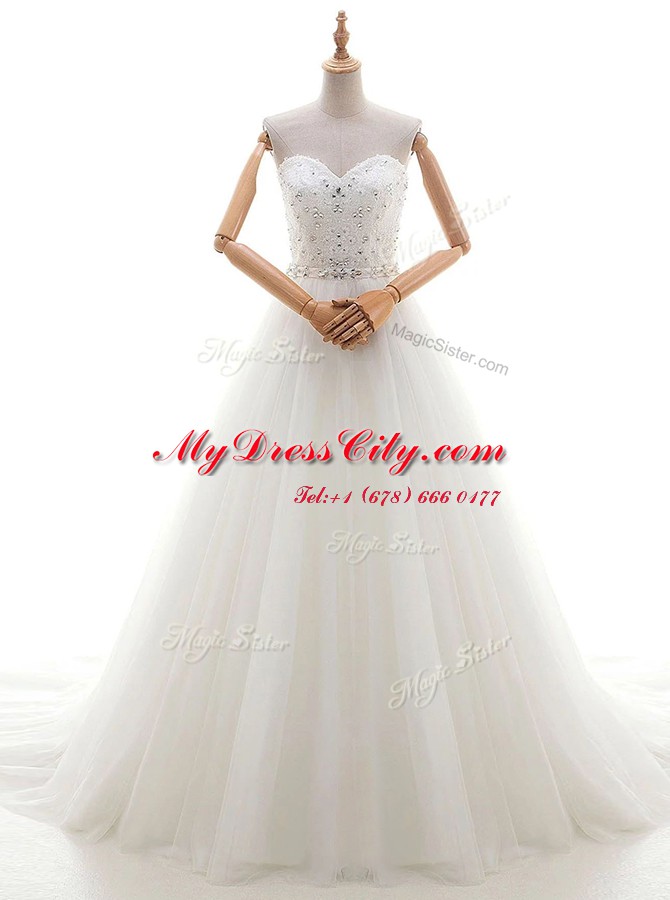 Fancy White Lace Up Sweetheart Beading and Appliques Bridal Gown Tulle Sleeveless Brush Train