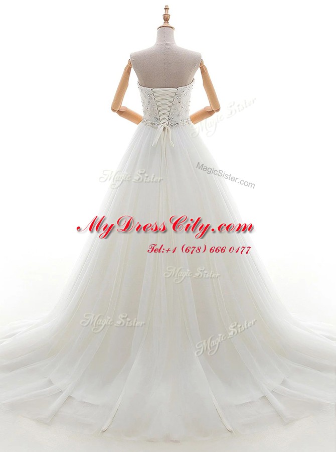 Fancy White Lace Up Sweetheart Beading and Appliques Bridal Gown Tulle Sleeveless Brush Train